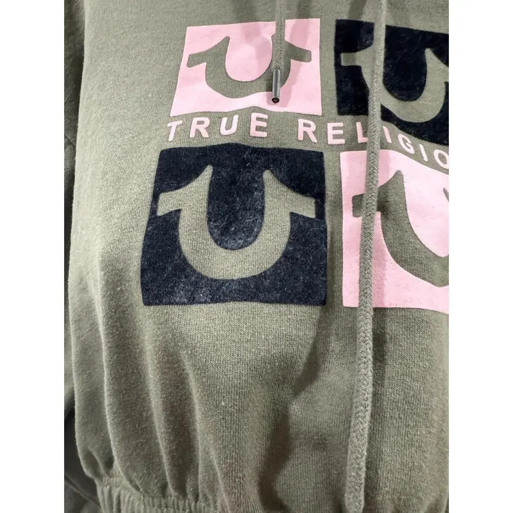True Religion Army Green And Pink Logo Cropped Hoodie Sweatshirt- Size Small - Picture 7 of 9
